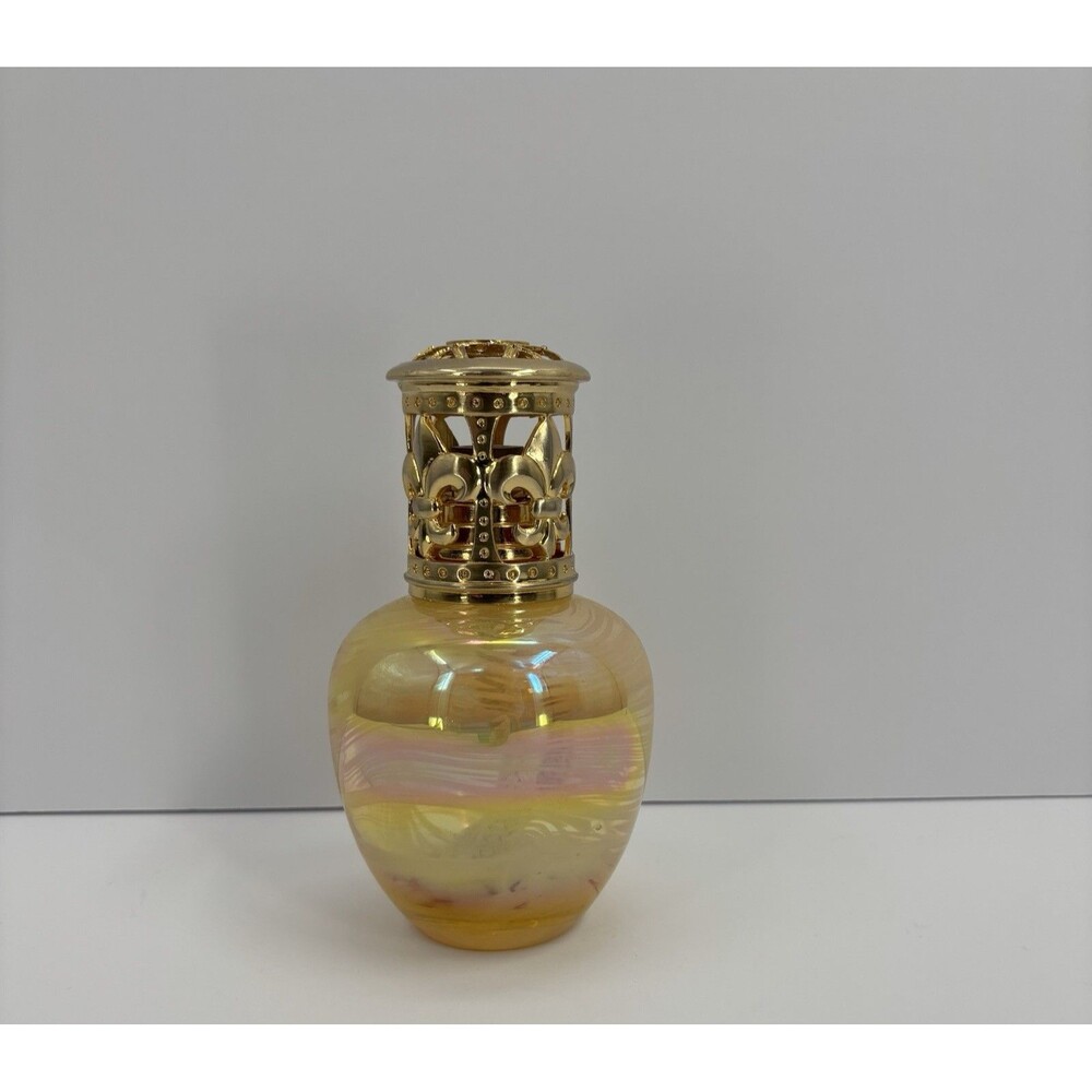 Fragrance Lamp With Diffuser Iridescent Gold With White Swirls Art Glass Base - Picture 5 of 14